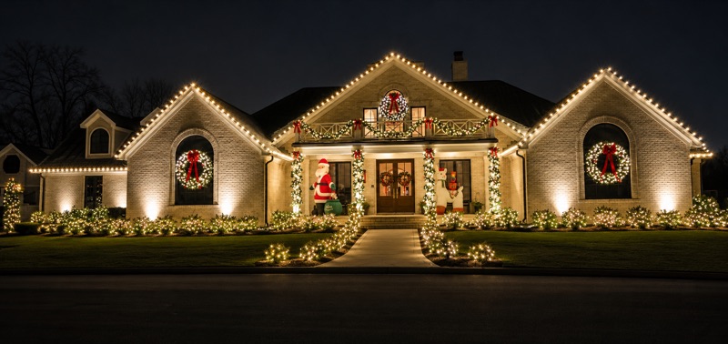 Warm white lights with wreaths and holiday decor — Kentuckiana